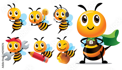 Cartoon cute bee character series with different type of poses. Cute Bee with superhero costume, holding pencil, holding honey dripper and honey pot, holding spanner - mascot set © charactoon