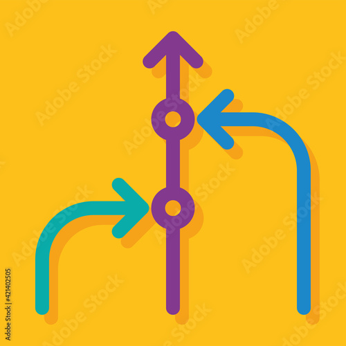 three line joining and merging become an arrow to same direction on yellow background, blue arrow, green arrow, purple arrow