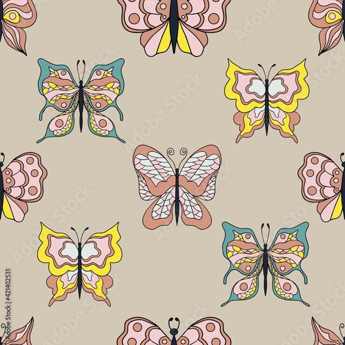Beautiful butterflies. Seamless pattern. Pastel colors. Collection of isolated flat cartoon vector illustrations.