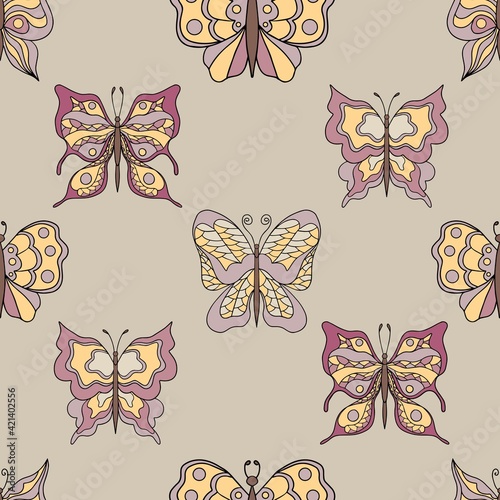 Beautiful butterflies. Seamless pattern. Pastel colors. Collection of isolated flat cartoon vector illustrations.