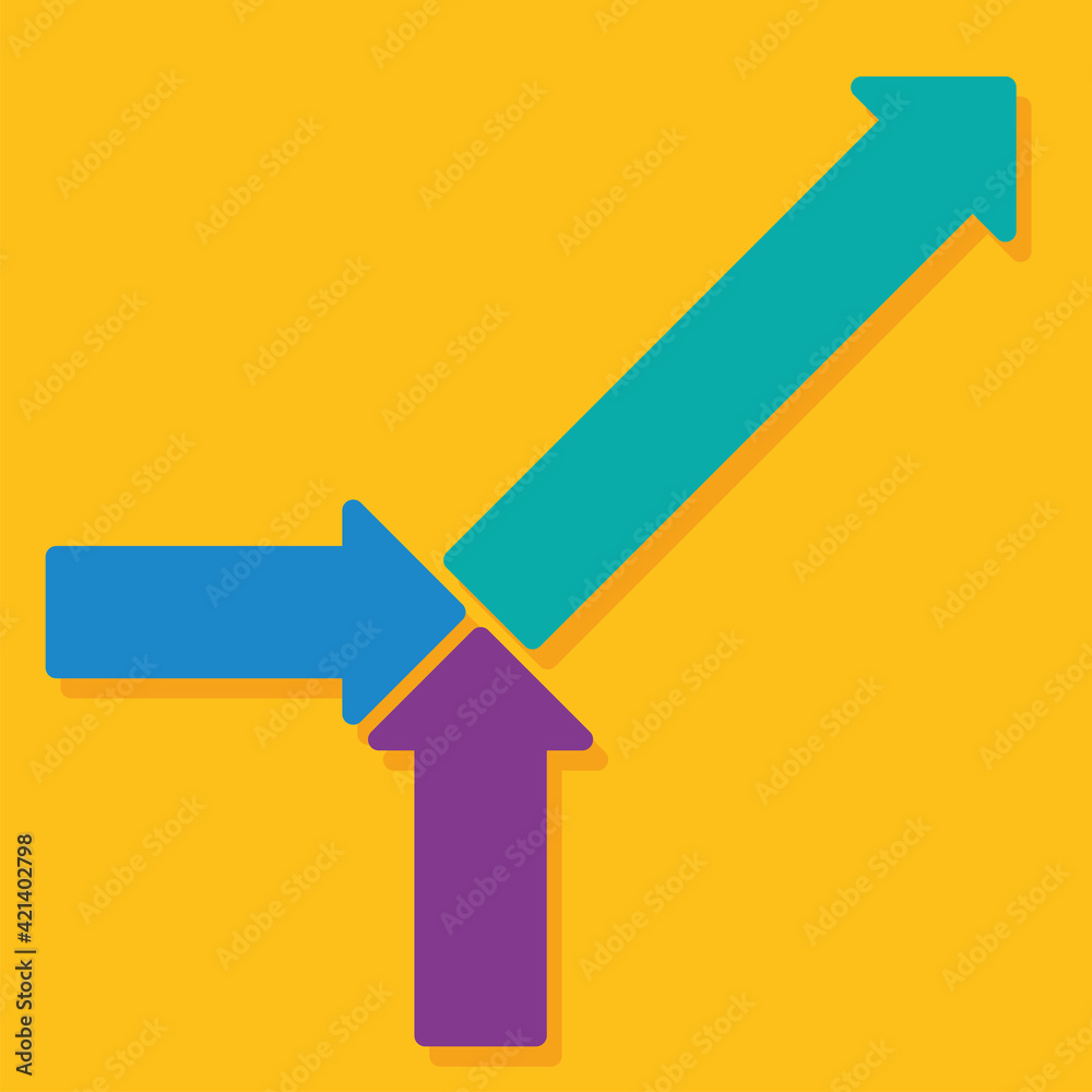 three line joining and merging become an arrow to same diagonal direction on yellow background, blue arrow, green arrow, purple arrow three line joining and merging become an arrow to same diagonal direction on yellow background, blue arrow, green arrow, purple arrow