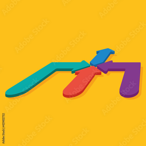 three 3d line joining and merging become an arrow to same direction on yellow background, blue arrow, green arrow, purple arrow