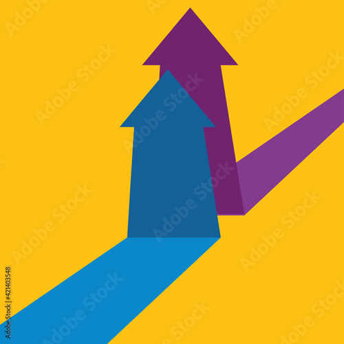two arrow formed merging lines on yellow background. Partnership, merger, alliance and integration concept. Flat design. Vector illustration, no transparency, no gradients