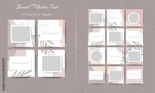 Social media feed post template set in grid puzzle style with organic shape background photo