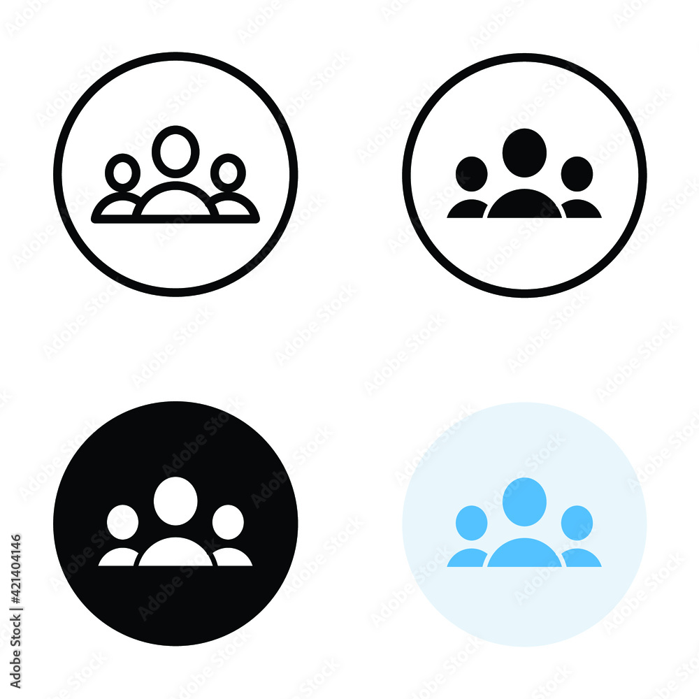 3 people icon in different style. Outline, glyph, solid, and flat style design. Multi user, circle, group, person, service concept. Crowd sign symbol. Vector illustration isolated. EPS 10. 3 people icon in different style. Outline, glyph, solid, and flat style design. Multi user, circle, group, person, service concept. Crowd sign symbol. Vector illustration isolated. EPS 10.