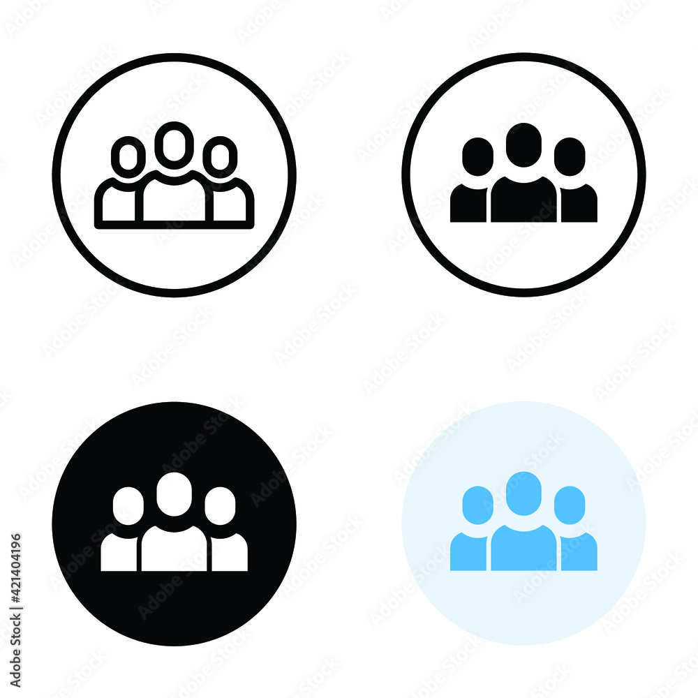 3 people icon in different style. Outline, glyph, solid, and flat style design. Multi user, circle, group, person, service concept. Crowd sign symbol. Vector illustration isolated. EPS 10. 3 people icon in different style. Outline, glyph, solid, and flat style design. Multi user, circle, group, person, service concept. Crowd sign symbol. Vector illustration isolated. EPS 10.