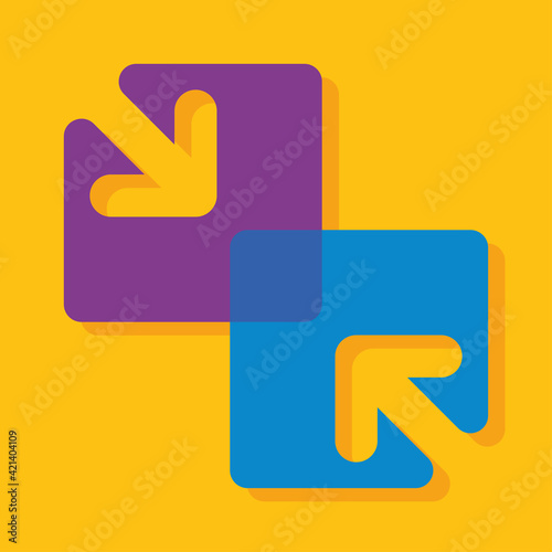 two square with arrow merge and collide on yellow background. Partnership, merger, alliance and integration concept. Flat design. Vector illustration, no transparency, no gradients