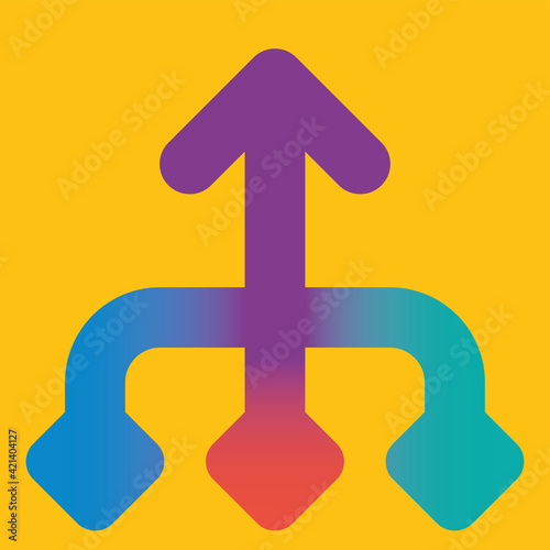 multiple line merge in one arrow to same direction on yellow background. Partnership, merger, alliance and integration concept. Flat design. Vector illustration, no transparency, no gradients