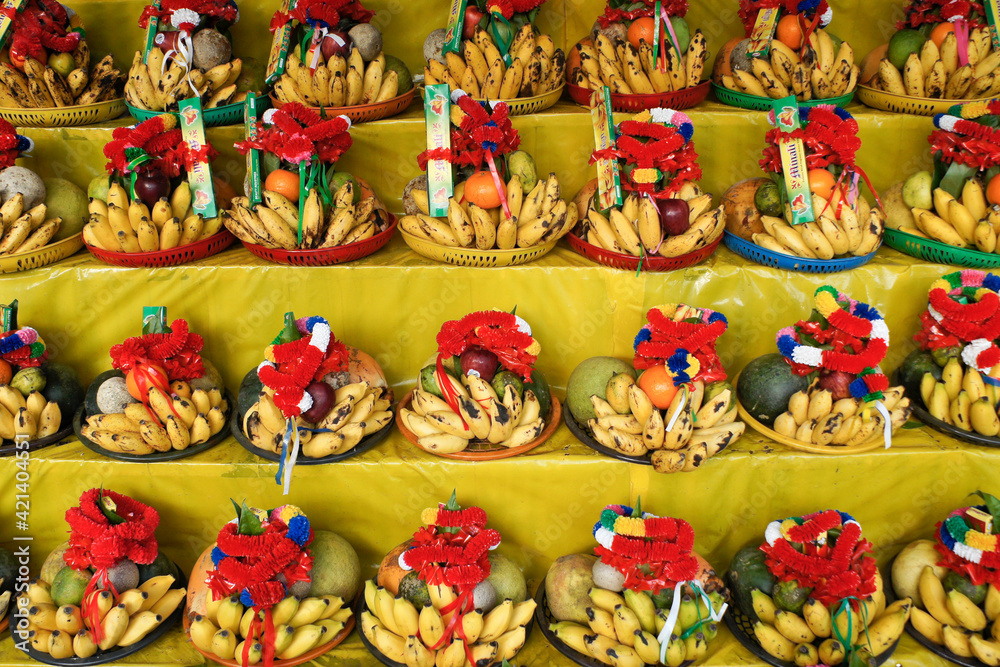 At Katagarama, Sri Lanka, a wide variety of fruit is available at a shop near the temple, to be purchased and used for offerings.