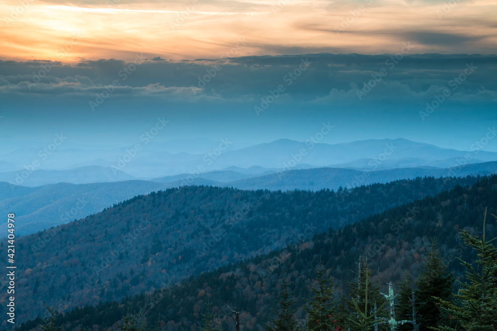 dramatic autumn sunset overlooking the Appalachian mountains viewed from Clingmans Dome  in the Great Smoky Mountain National Park in Tennessee.