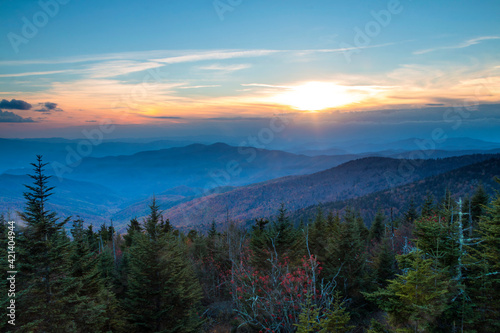 dramatic autumn sunset overlooking the Appalachian mountains viewed from Clingmans Dome in the Great Smoky Mountain National Park in Tennessee.
