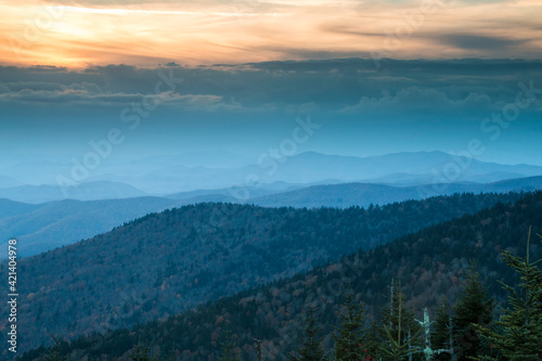 dramatic autumn sunset overlooking the Appalachian mountains viewed from Clingmans Dome in the Great Smoky Mountain National Park in Tennessee.