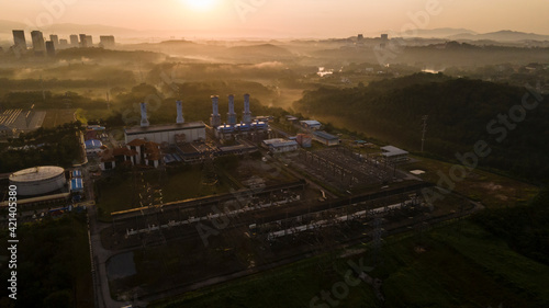 Top Down View of a Gas Turbine Power Plant Station early morning, 