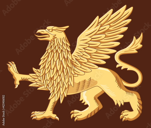 Illustration of a golden griffin isolate. Traditional heraldry. Vector graphics