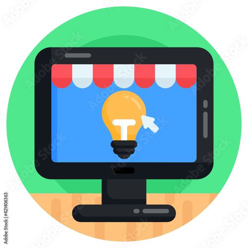 
Bulb and shop inside monitor denoting flat icon of shopping idea 

