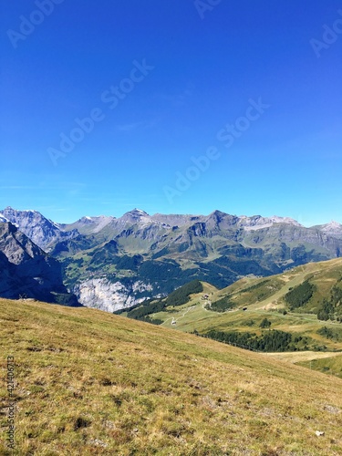 Panoramic view of the Swiss Alps on a clear summer day