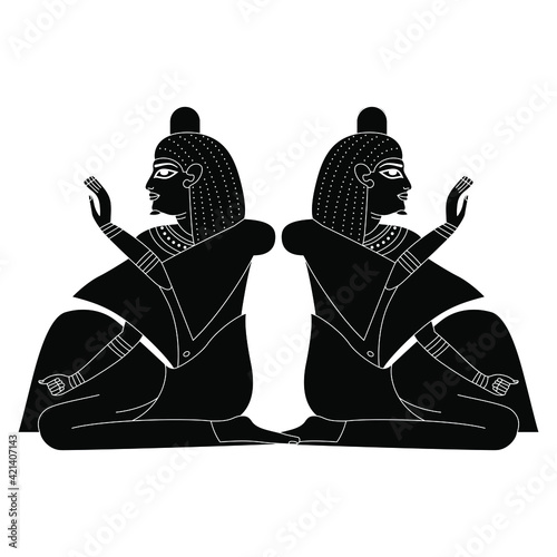 Symmetrical design with two seated ancient Egyptian men or pharaohs. Blessing gesture. Black and white silhouette.