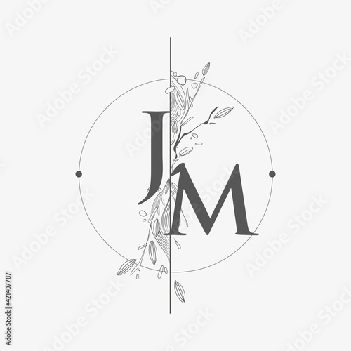 Letter JM Initial Logo with Hand Draw Floral, Initial Wedding Font Logo with Circle and Flowers.