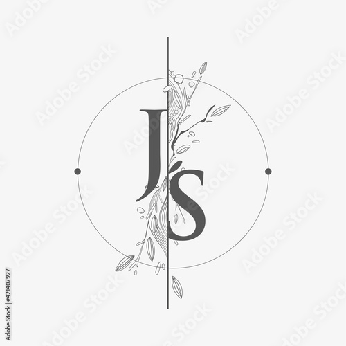 Letter JS Initial Logo with Hand Draw Floral, Initial Wedding Font Logo with Circle and Flowers.