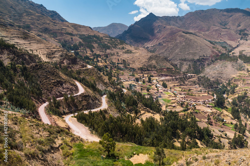 Canvastavla winding roads and terraced mountainside of the Sacred Valley in Urubamba in Peru