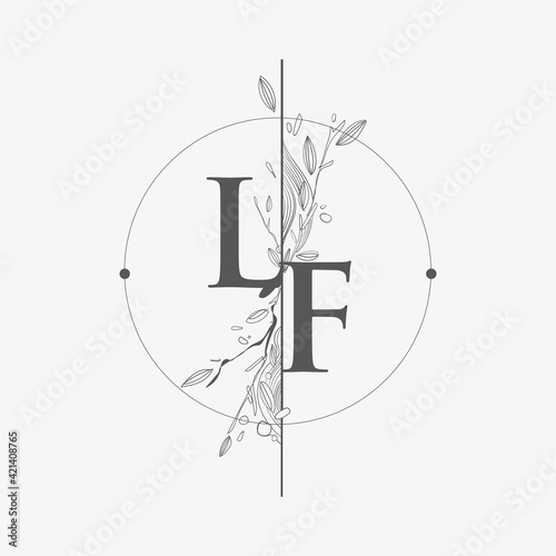 Letter LF Initial Logo with Hand Draw Floral, Initial Wedding Font Logo with Circle and Flowers.