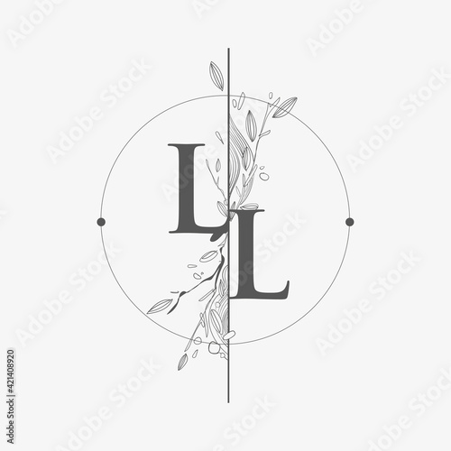 Letter LL Initial Logo with Hand Draw Floral, Initial Wedding Font Logo with Circle and Flowers. photo