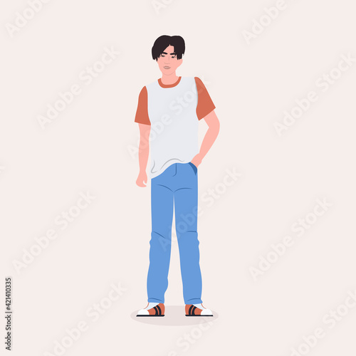 beautiful man standing pose male cartoon character in fashion clothes full length flat