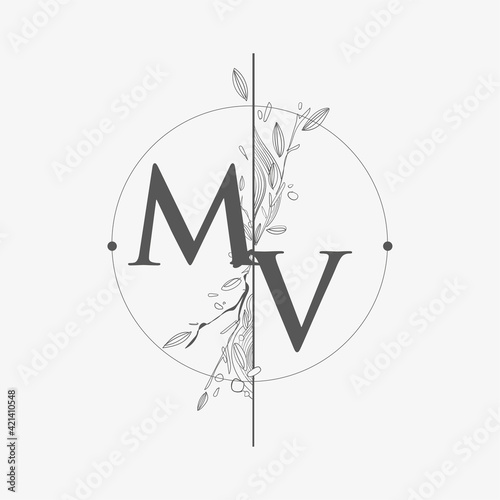 Letter MV Initial Logo with Hand Draw Floral, Initial Wedding Font Logo with Circle and Flowers.