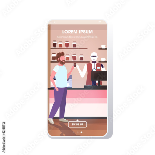 robotic barista serving man client artificial intelligence technology concept cafe interior full length smartphone screen mobile app copy space