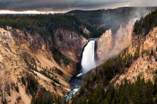 The powerful Yellowstone falls in the Grand Canyon of the Yellowstone National Park in Wyoming.