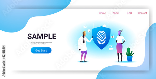 two robots holding shield with fingerprint guard privacy data protection security artificial intelligence technology concept horizontal full length copy space