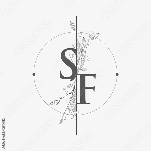 Letter SF Initial Logo with Hand Draw Floral, Initial Wedding Font Logo with Circle and Flowers.