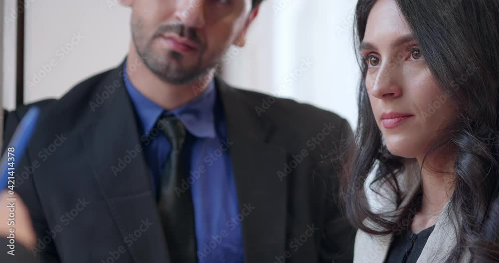 Businesswoman eye focusing to get complain from boss and sharing idea discuss to team in business uniform. Business group meeting to discuss marketing plan and set success goal target in office Businesswoman eye focusing to get complain from boss and sharing idea discuss to team in business uniform. Business group meeting to discuss marketing plan and set success goal target in office