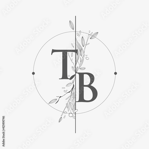 Letter TB Initial Logo with Hand Draw Floral, Initial Wedding Font Logo with Circle and Flowers.