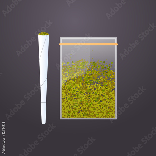 cannabis joint and green dry crushed marijuana leaves in plastic bag drug consumption concept flat