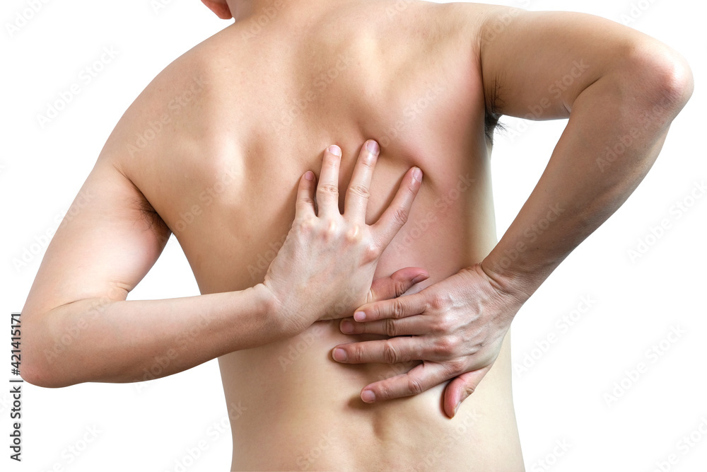 man's hand he is caught at the waist and her back is painful on isolated white background