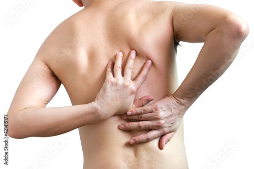 man s hand he is caught at the waist and her back is painful on isolated white background