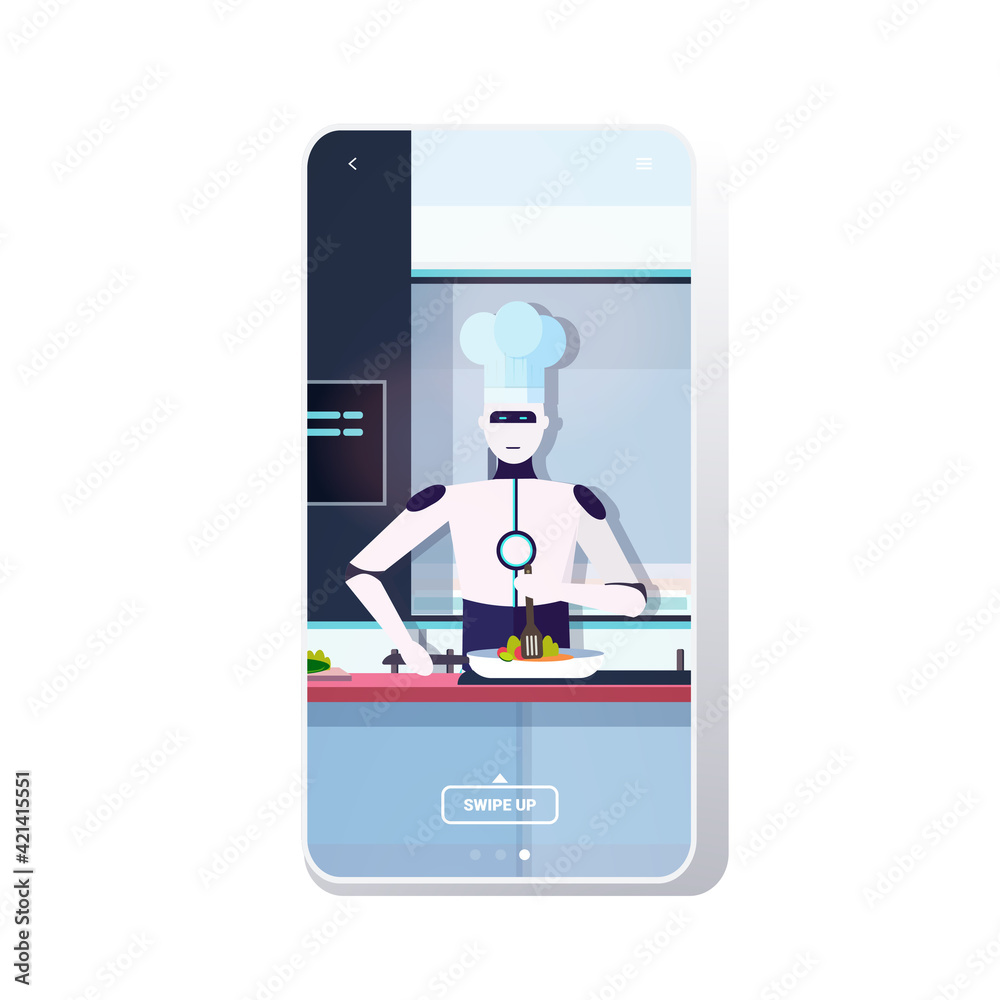 modern robot chef cooking dish robotic cook preparing food artificial intelligence technology culinary concept modern kitchen interior smartphone screen mobile app copy space portrait