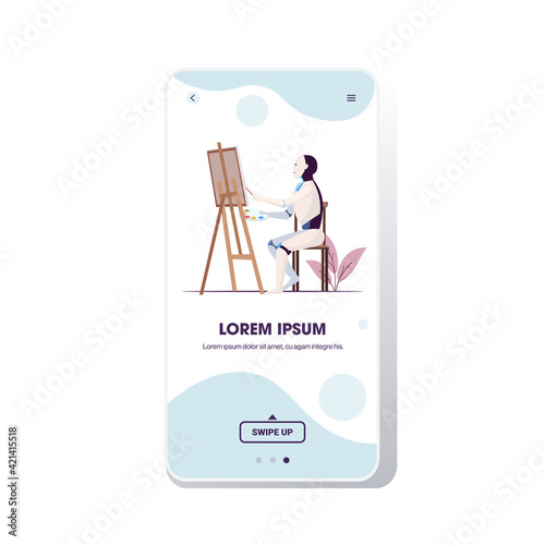 robot painter using paintbrush and palette robotic artist sitting in front of easel art creativity artificial intelligence technology concept smartphone screen mobile app full length copy space