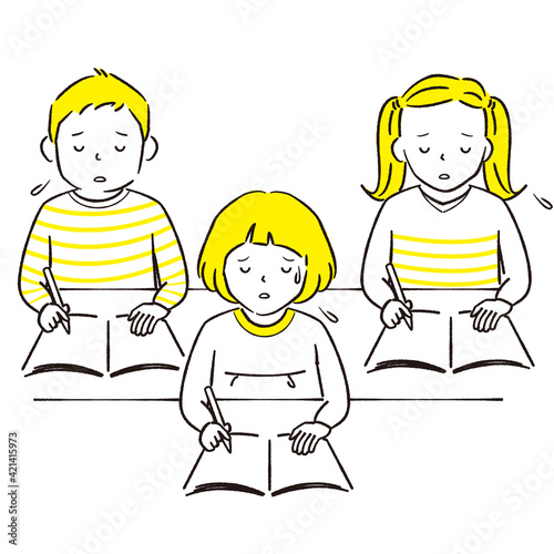 手描き1color  みんなで苦労して勉強　教室　男の子　女の子