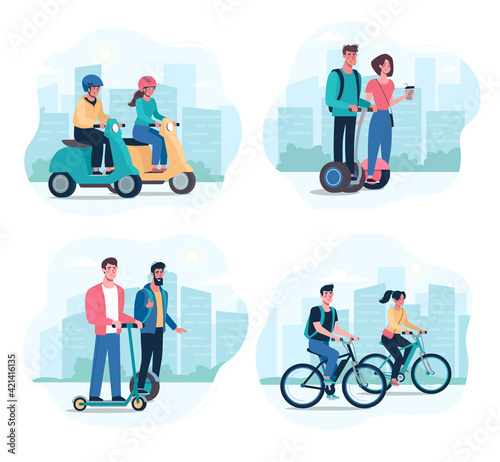 People ride modern electric gyroboards, scooters, bicycles, mopeds. Alternative environmentally friendly transport, healthy lifestyle. Friends are walking around the city. Vector, flat style.