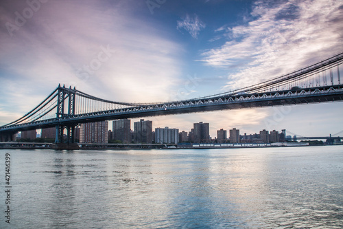 The Manhattan Bridge in NYC providing crossing across the Hudson River.