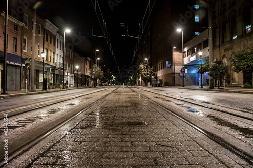 empty street at night in Baltimore City downtown.