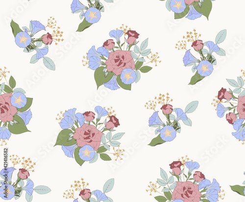 Roses and morning glory. Elegant Floral vector pattern on beige background for fabric