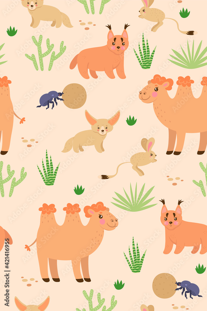 Obraz premium Seamless pattern with cute desert animals. Vector graphics.