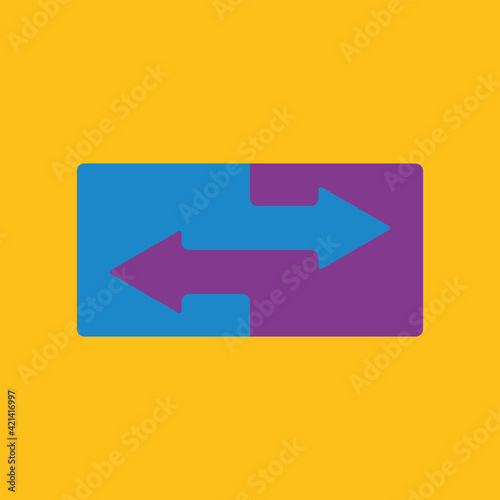 arrow formed by two merging blue and green square on yellow background. Partnership, merger, alliance and integration concept. Flat design. Vector illustration, no transparency, no gradients