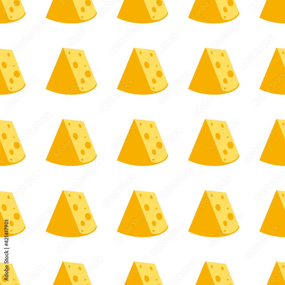 Cheese seamless pattern. Pieces of yellow cheese, isolated on a white background. Pieces of cheese of various shapes. Vector flat illustration Cheese seamless pattern. Pieces of yellow cheese, isolated on a white background. Pieces of cheese of various shapes. Vector flat illustration
