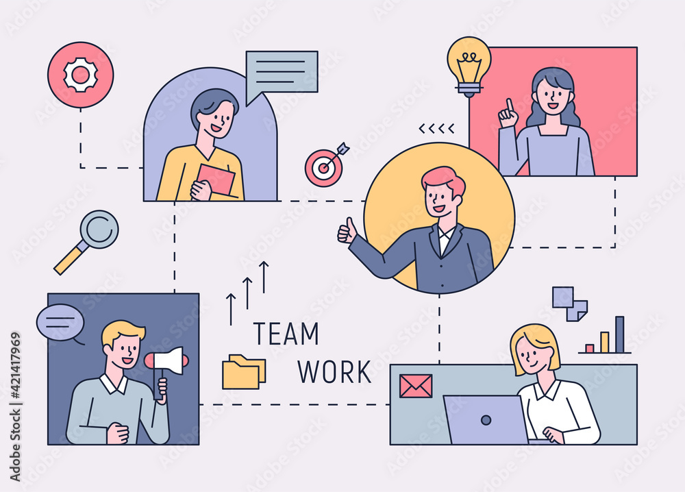 Business people connected to each other through a network and working as a team. flat design style minimal vector illustration.