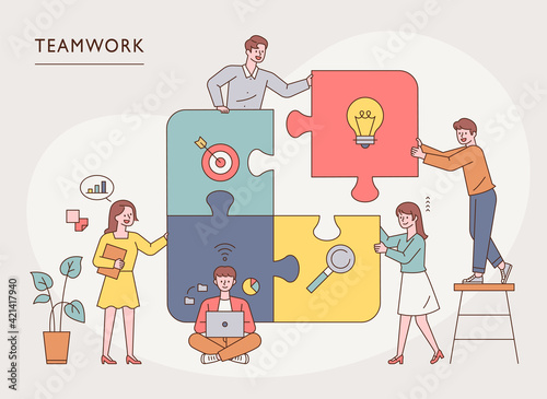 Team members are putting together a big puzzle. flat design style minimal vector illustration.