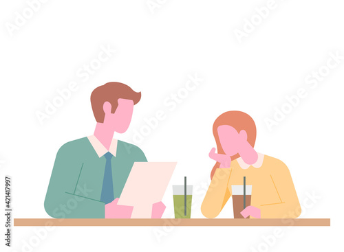 Two people are sitting at a cafe table. One is worried and the other is listening. flat design style minimal vector illustration.